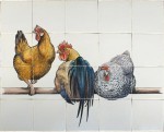 Ryan's witjes, drie kippen op stok 65x52cm. €  735,- (handbeschilderd)