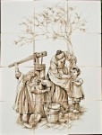 Ryan's witjes, Moeder en kinderen bij waterpomp 52x39cm.  945,- (Handbeschilderd)  